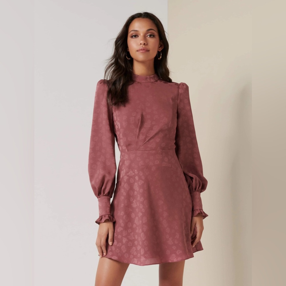 Ever New Allison High-Neck Dusty Rose Fit & Flare Puff Long Sleeve Mini Dress